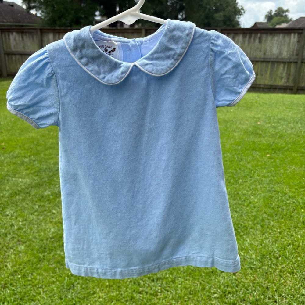 Blue corduroy short sleeve dress with white trim The Oaks Apparel 24 months GUC